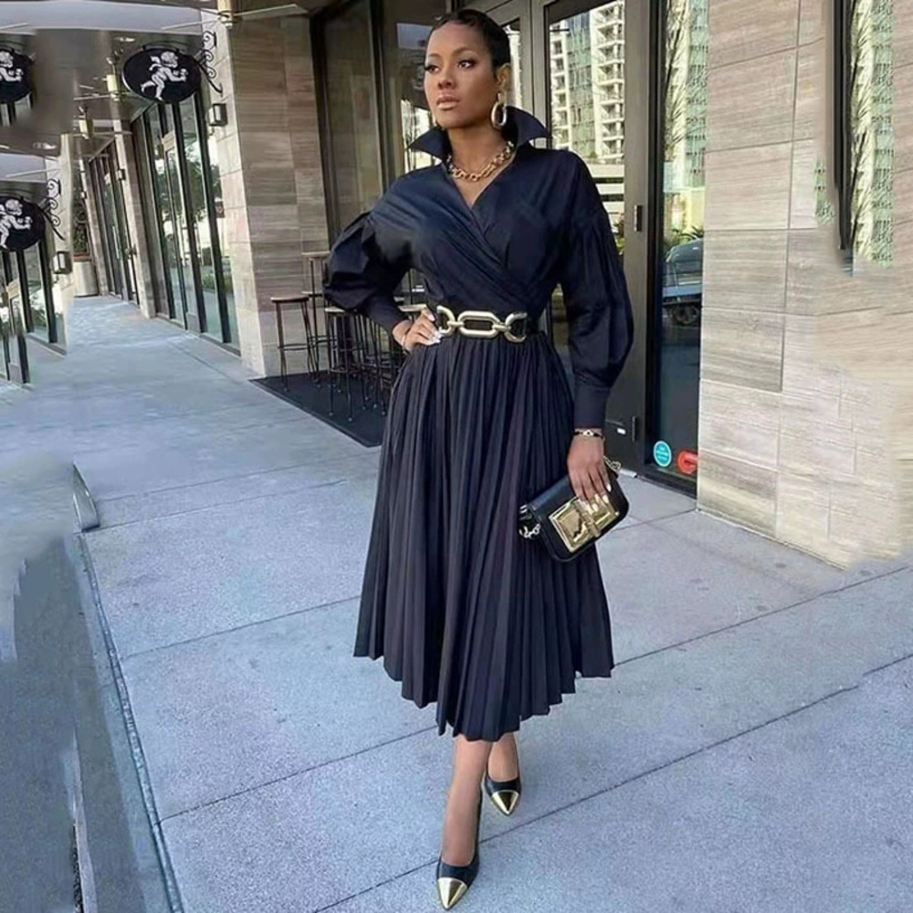 ZARA New Spring Elegant African Print Pleated Black Stand Collar Midi Dress